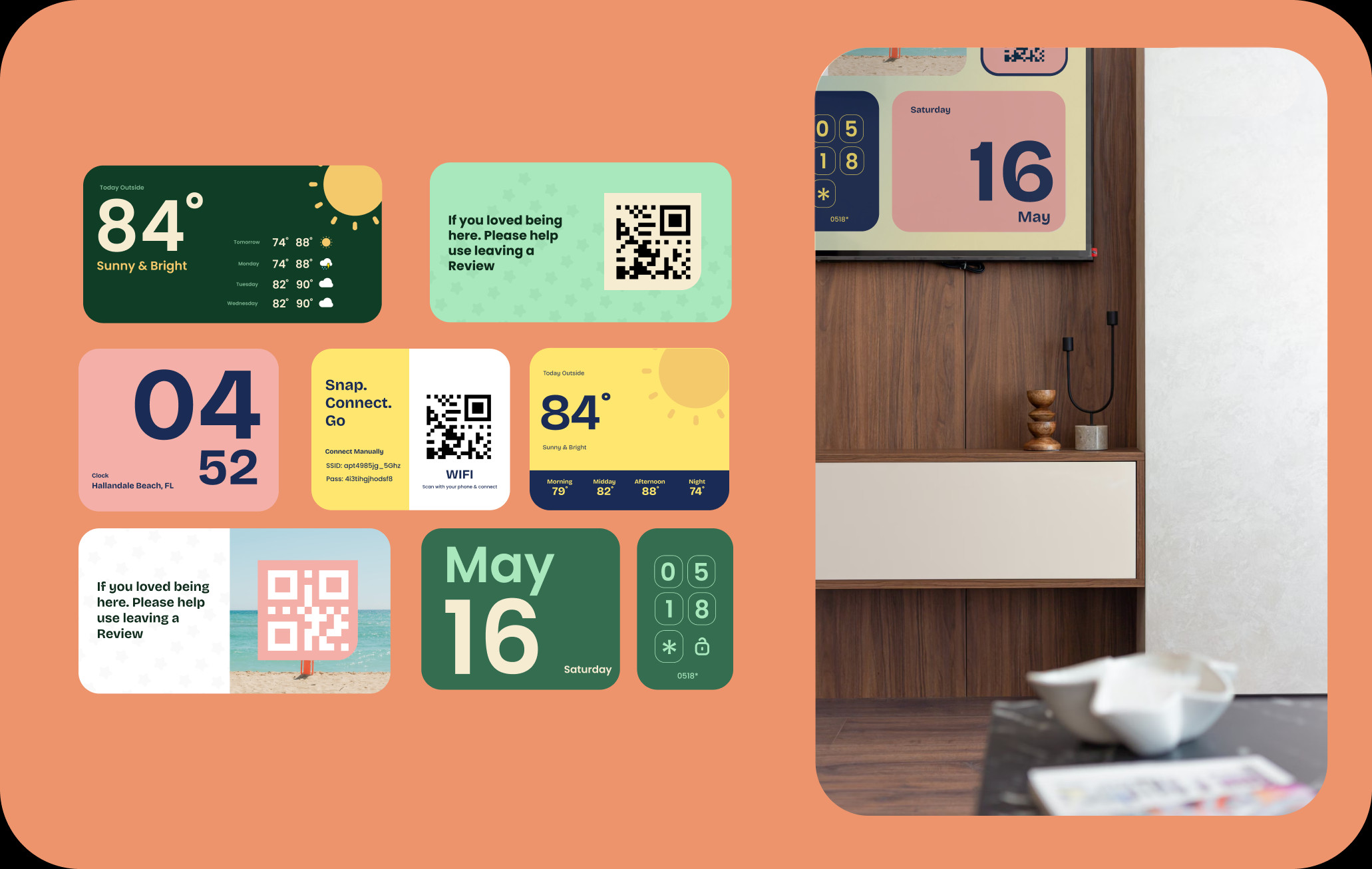 The StayBoard tile library — weather, clock, Wi-Fi, review and check-out cards