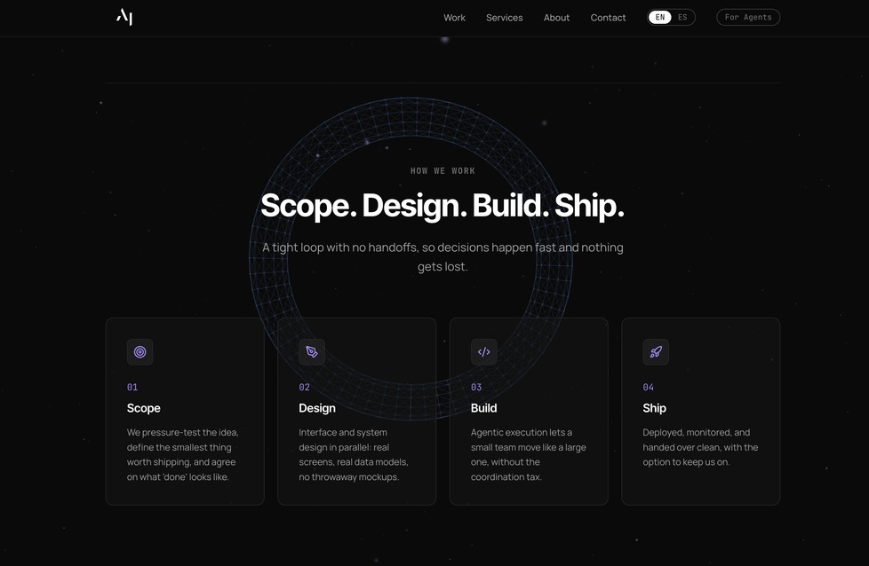 Landing page for an agentic delivery practice — Scope. Design. Build. Ship.